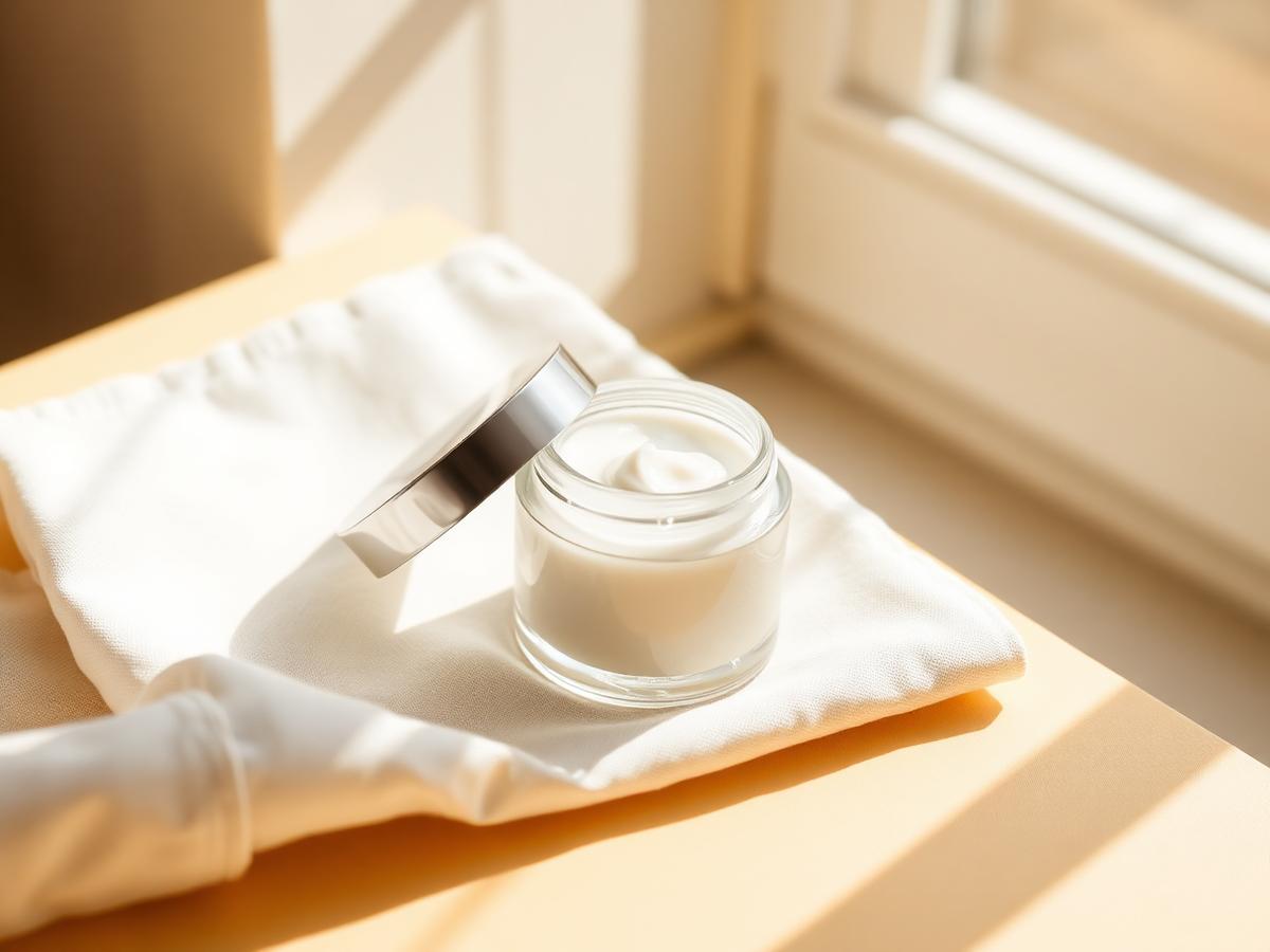 Glass jar of rich cream open on soft warm linen