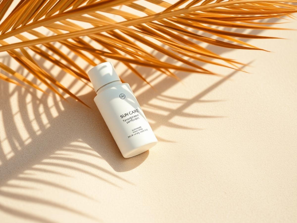 White SPF bottle beneath a soft palm shadow
